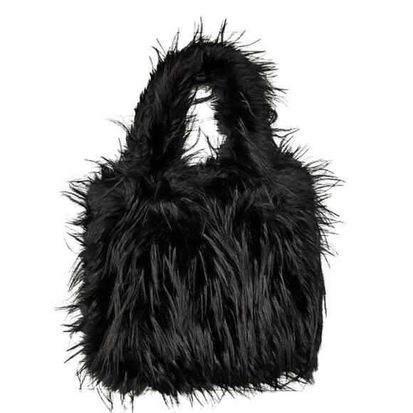 Stylish Black Faux Fur Handbag with‎ Magnetic Snap Closure & Zipper Pocket - Picture 2 of 2